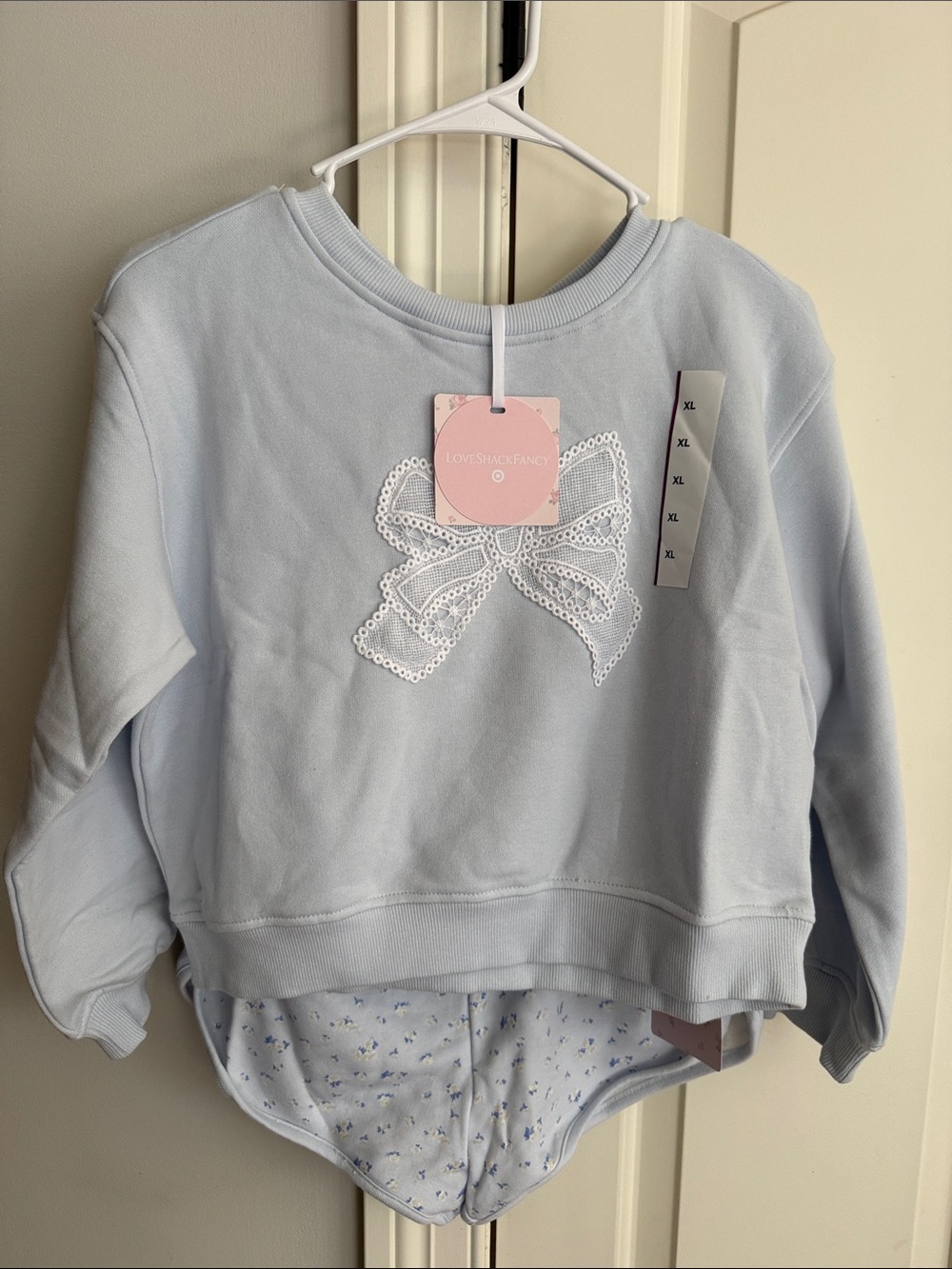 LoveShackFancy Target Line Light Blue Bow Sweatshirt and Shorts Girls XL